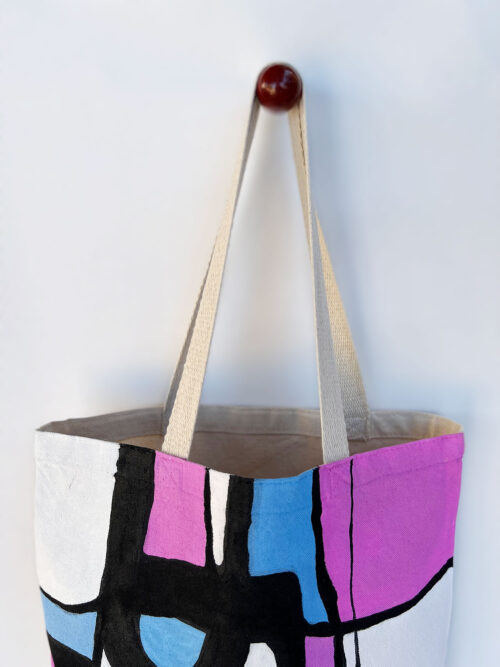 abstract pink blue canvas tote bag top view