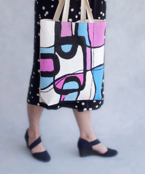 abstract pink blue canvas tote bag in use