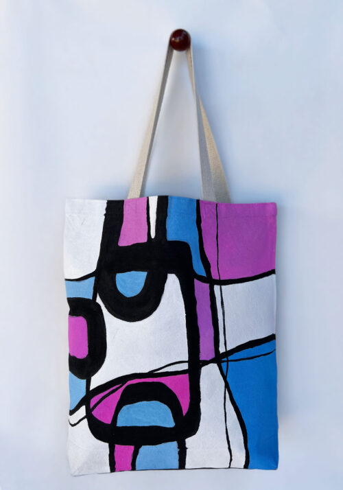 abstract pink blue canvas tote bag front