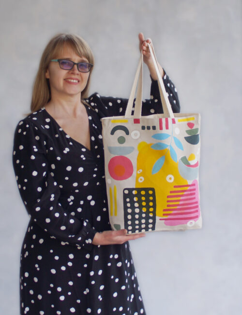 abstract tote bag in use