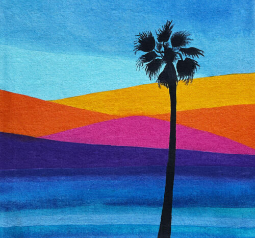 sunset palm tree ocean view hand painted on canvas tote bag