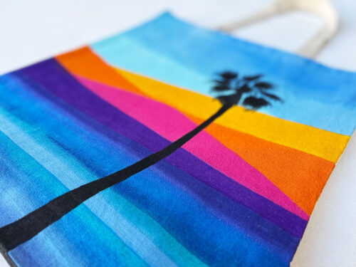 ocean sunset and palm tree tote bag detail