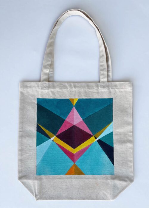 abstract pink blue design tote bag hanging front view
