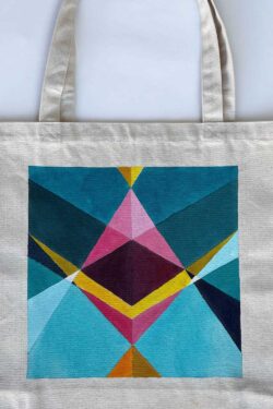 abstract pink blue design tote bag hanging front view