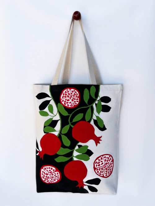 pomegranates black and white artsy tote bag front view