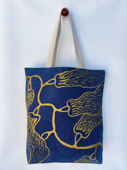 seaweed gold and navy artsy tote bag front view