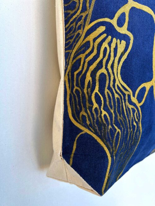 seaweed gold and navy artsy tote bag side